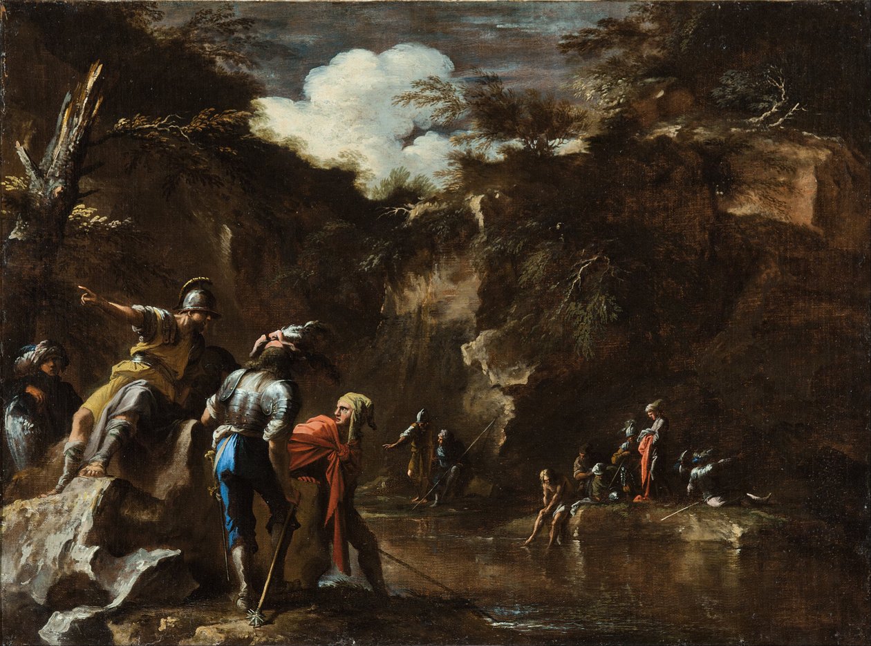 Výjev z řeckých dějin: Thalés nechává řeku téci po obou stranách lýdského vojska od Salvator Rosa