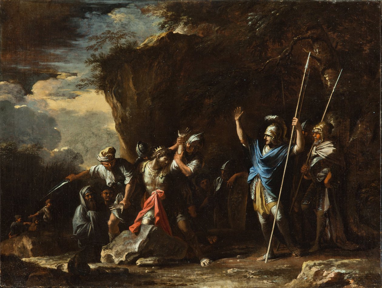 Scéna z řeckých dějin: Hluchoněmý syn krále Kréza zabrání Peršanům, aby zabili jeho otce od Salvator Rosa