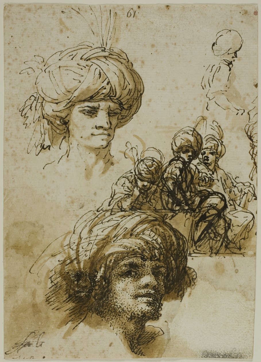 Náčrty mužů s turbany (recto); fragment postavy a náčrty listnatého architektonického ornamentu (verso) od Salvator Rosa