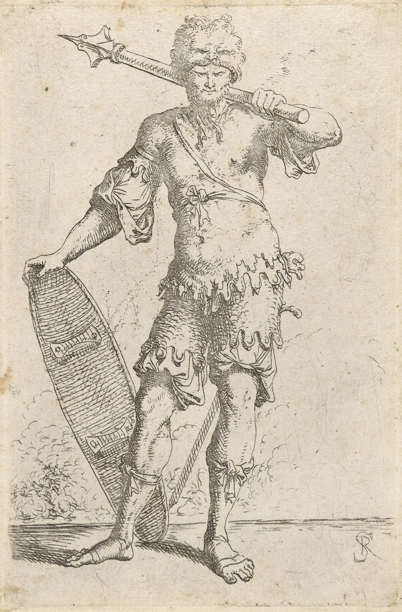 Stojící exotický válečník s čepicí se lví hlavou, držící palcát a štít, kolem 1656-57 (lept na položený papír) od Salvator Rosa