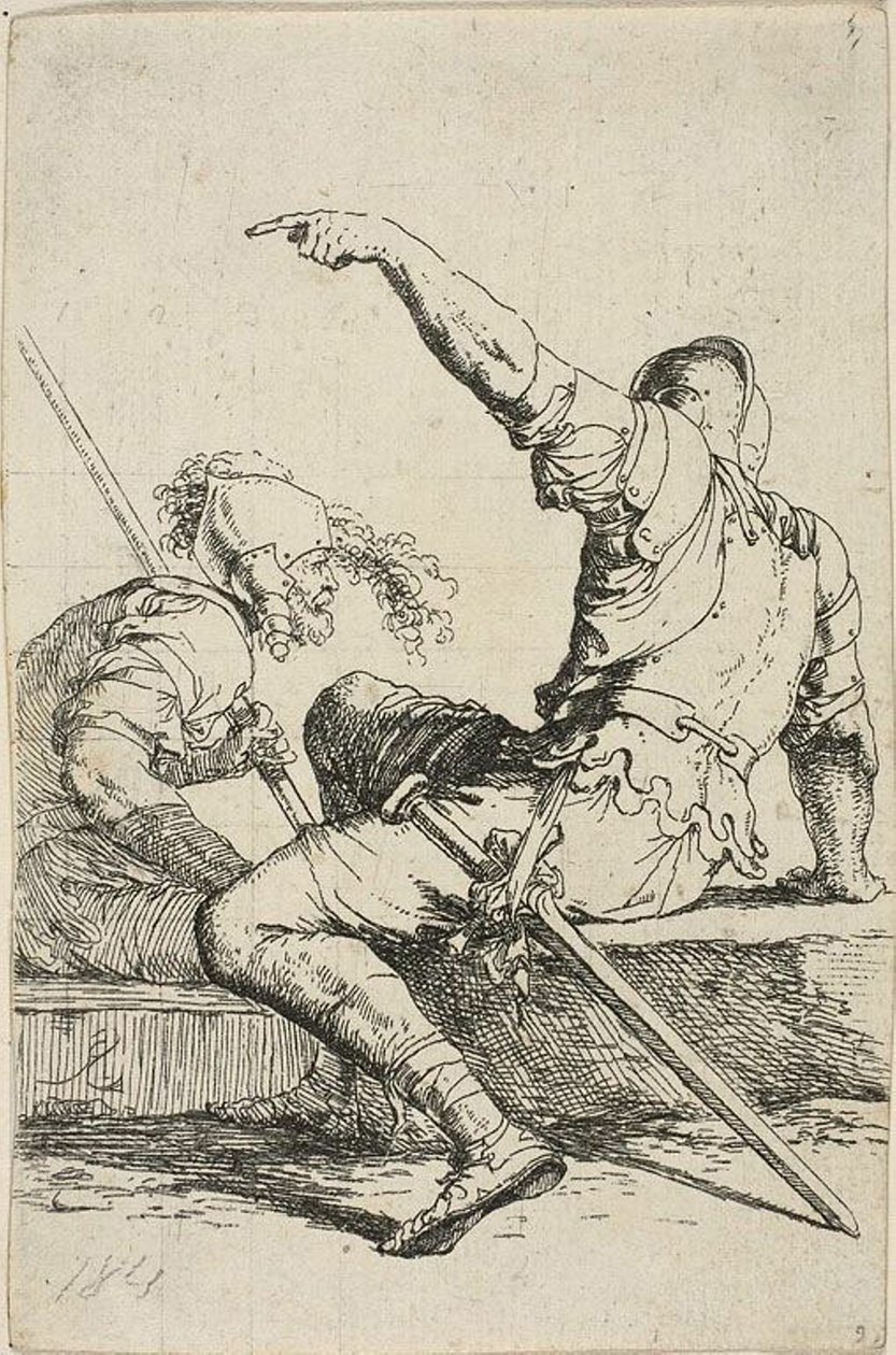 Dva válečníci sedící na nízkých skalách od Salvator Rosa
