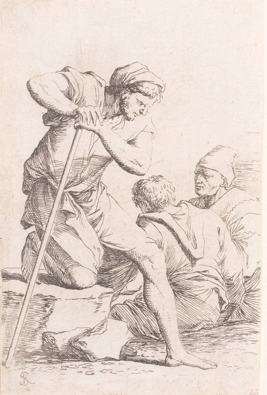 Dva sedící muži a další muž držící hůl klečící na skále, ze seri..., ca. 1656-1657. od Salvator Rosa
