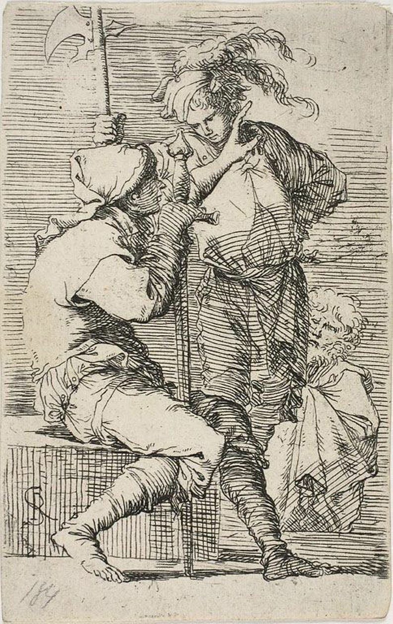 Dva válečníci, jeden drží meč, druhý halapartnu; za nimi starý vousatý muž z Figurka od Salvator Rosa