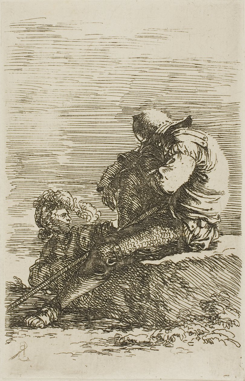 Dva bojovníci, jeden z nich sedí a spí na skále v popředí, ze série Figurky od Salvator Rosa