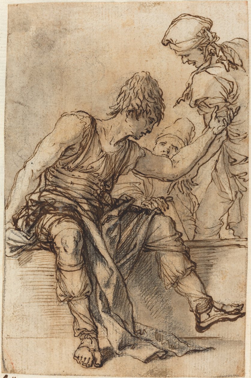 Mládež sedící na zdi v rozhovoru se dvěma muži od Salvator Rosa