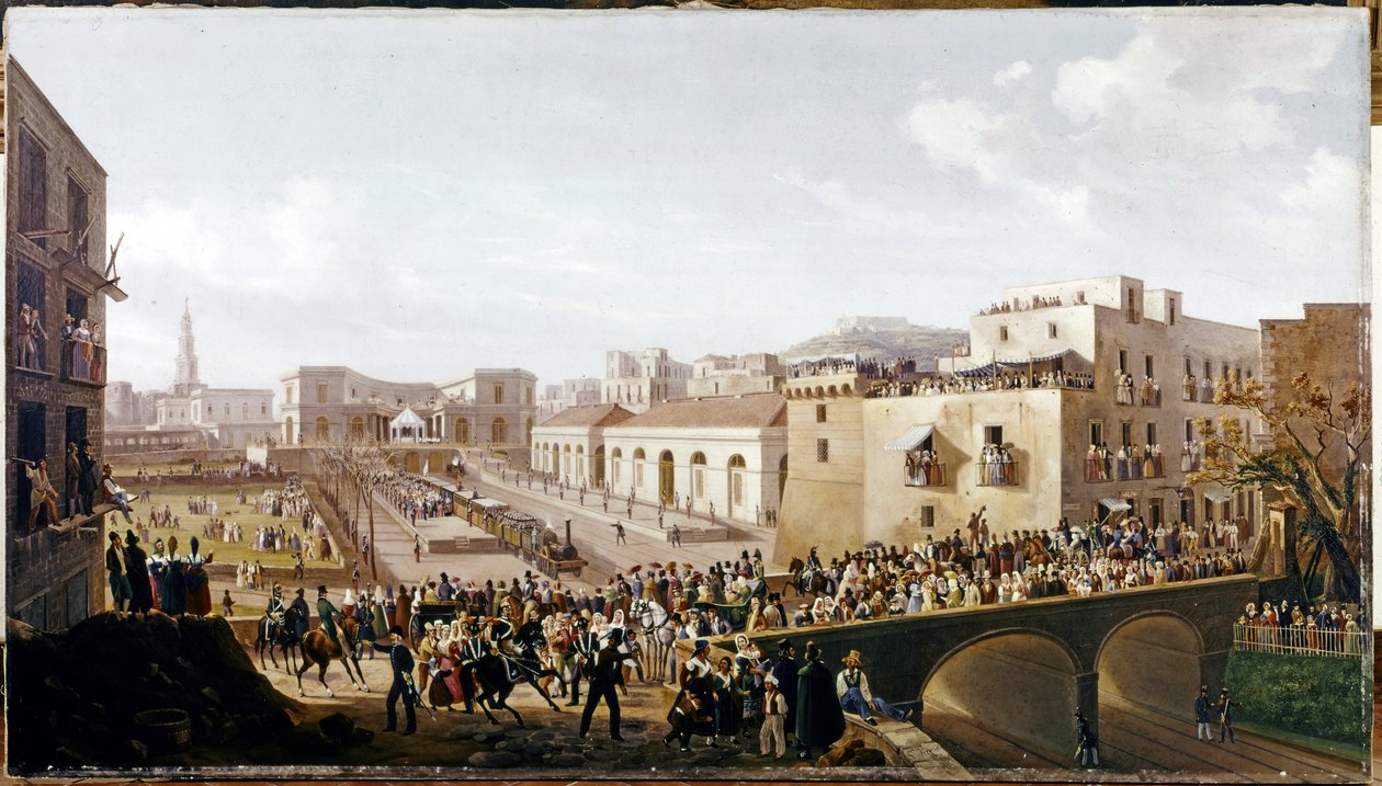 ŽELEZNICE: Otevření první Vesuvské železnice, Neapol-Portici. 3. října 1839 (olej na plátně) od Salvatore Fergola