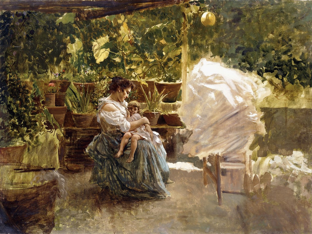 Matka s dítětem na verandě (olej na plátně) od Salvatore Postiglione