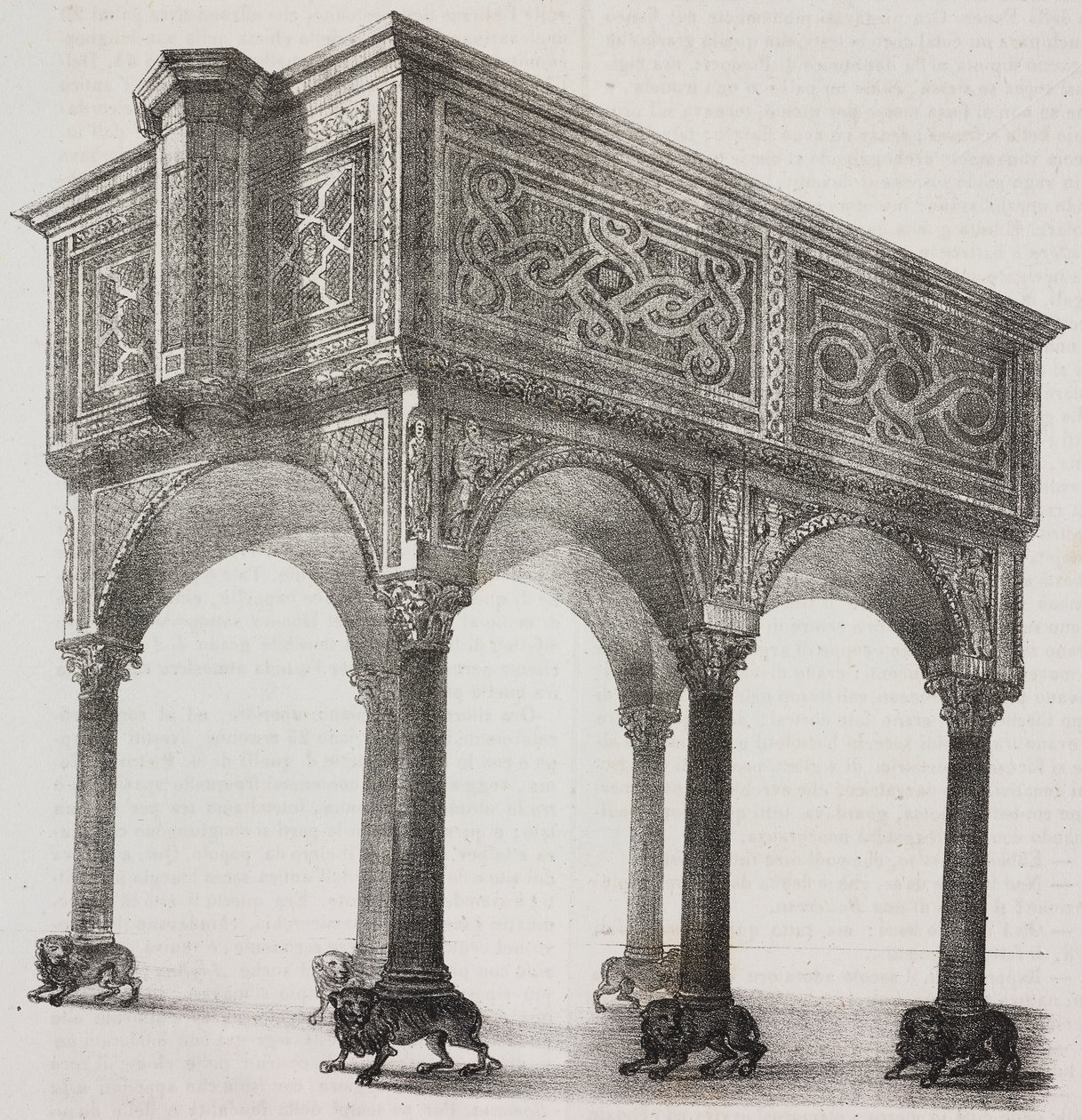 Starověké obě v katedrále Sessa Aurunca, Kampánie, Itálie, litografie Salvatore Puglia podle kresby Pasquale Mattei (1813-1879) z Poliorama Pittoresco, n 43, 31. května od Salvatore Puglia