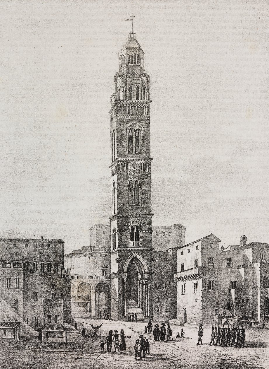 Zvonice katedrály Gaeta, Lazio, Itálie, litografie Salvatore Puglia podle kresby Pasquale Mattei (1813-1879), z Poliorama Pittoresco, n 48, 6. července od Salvatore Puglia