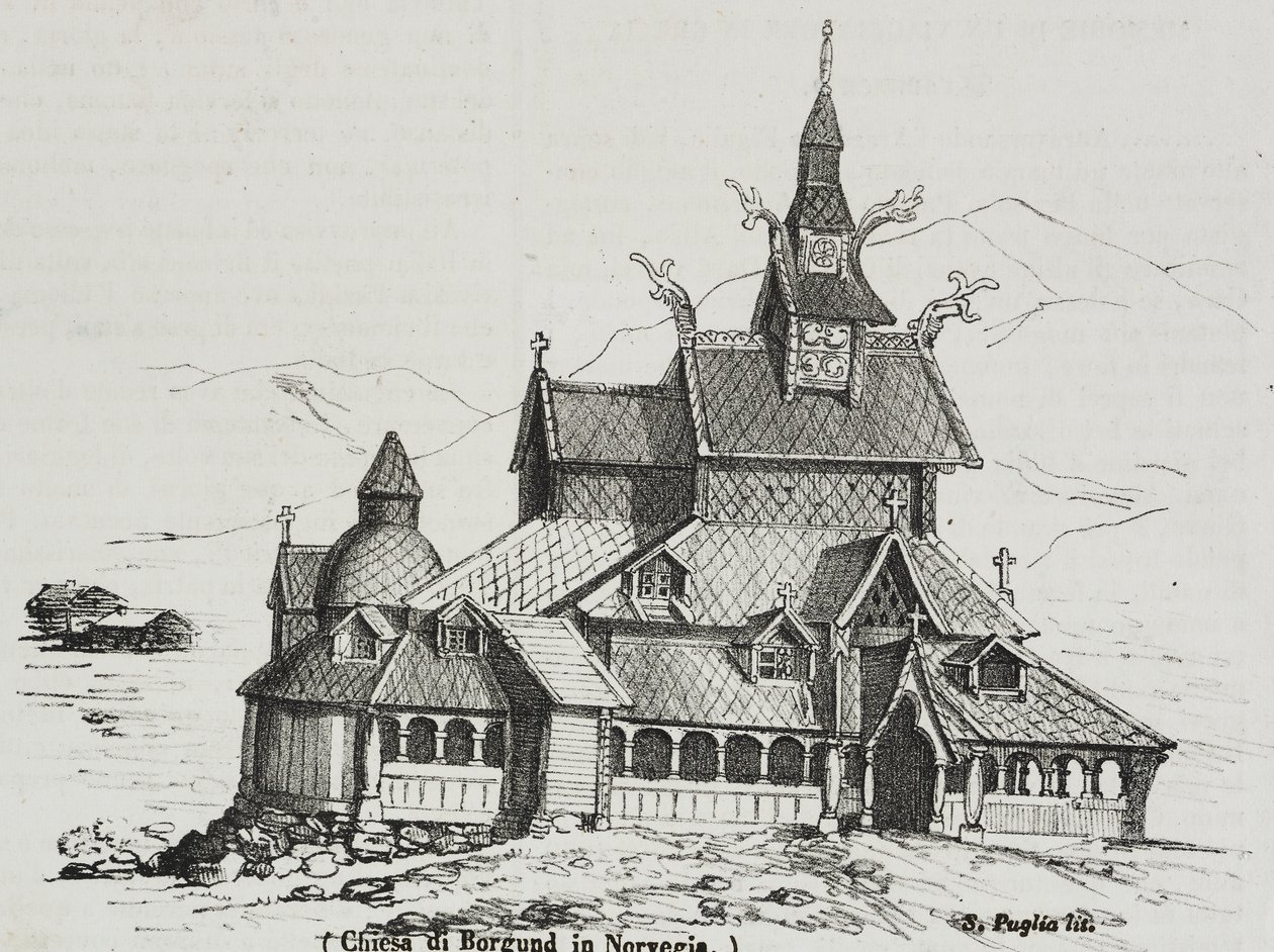Borgund Stave Church, Norja, Salvatore Puglian litografia Poliorama Pittorescosta, n:o 40, 14. toukokuuta od Salvatore Puglia