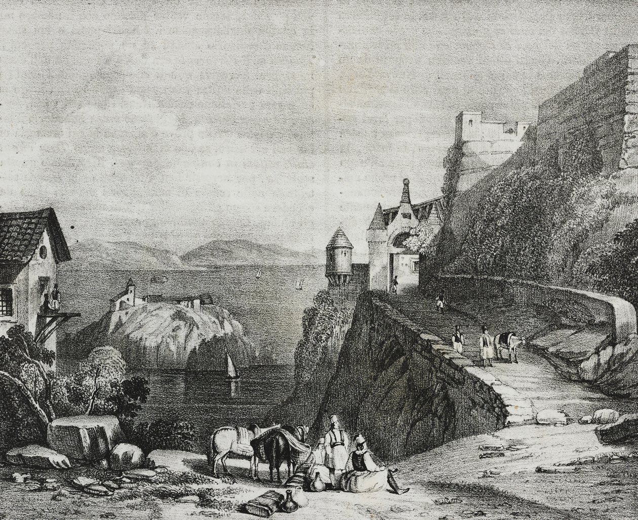 Hrad Parga, Albánie, litografie Salvatore Puglia z Poliorama Pittoresco, n 9, 9. října od Salvatore Puglia