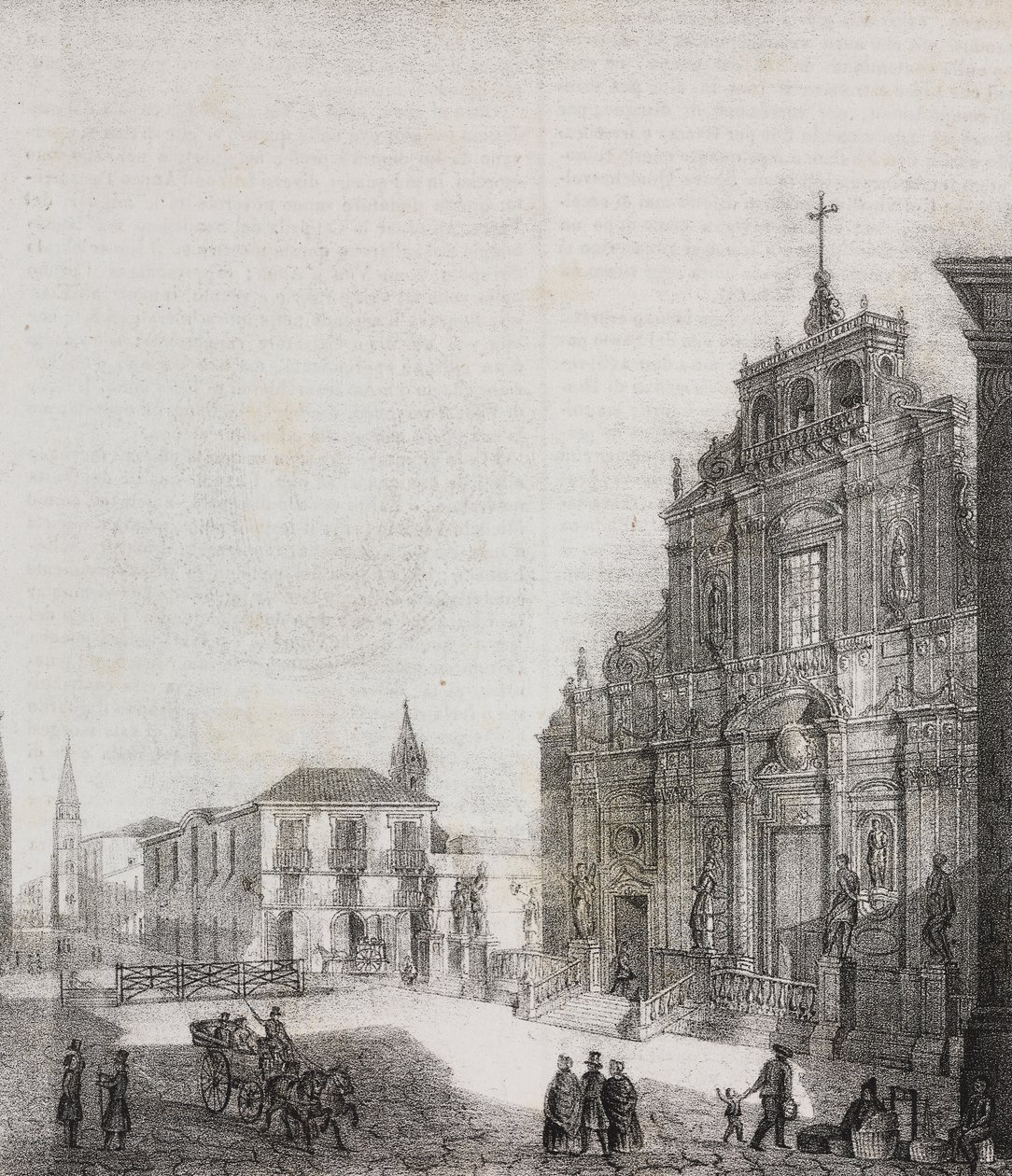 Fasáda baziliky San Sebastiano v Acireale, Sicílie, Itálie, litografie Salvatore Puglia z Poliorama Pittoresco, n 39, 3. května od Salvatore Puglia