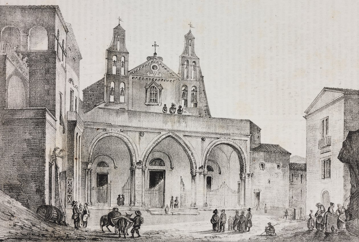 Fasáda katedrály Sessa Aurunca, Kampánie, Itálie, litografie Salvatore Puglia podle kresby Pasquale Mattei (1813-1879) z Poliorama Pittoresco, n 42, 24. května od Salvatore Puglia