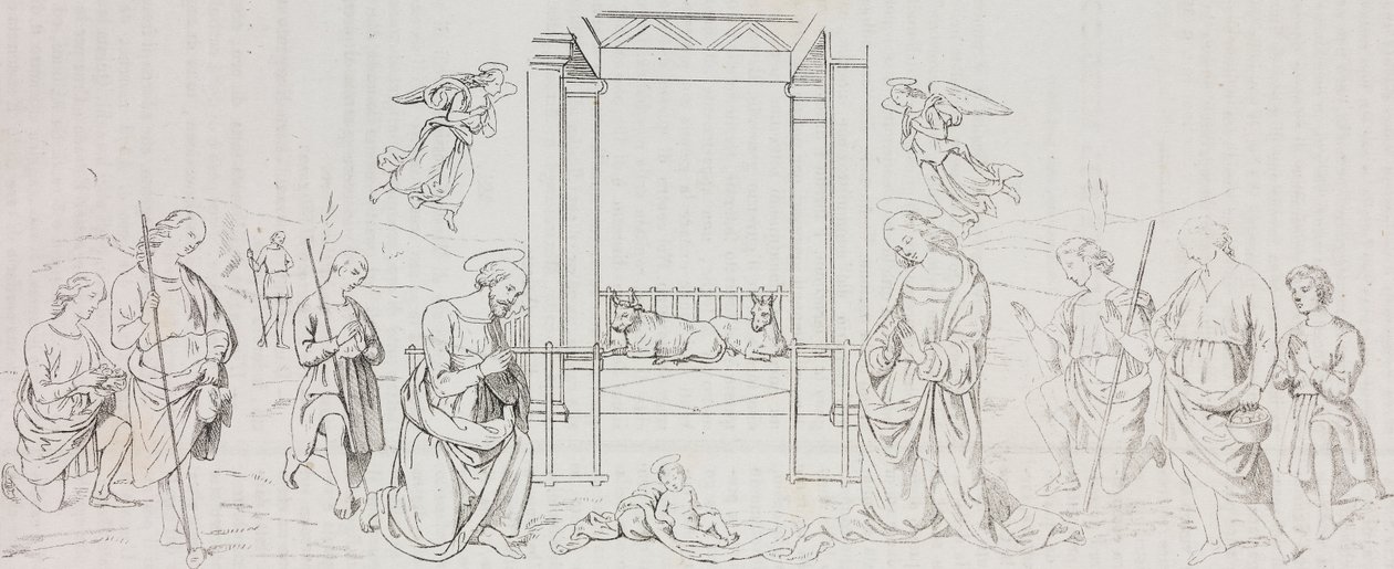 Fontignano Narození Páně, Klanění pastýřů, litografie Salvatore Puglia podle malby Pietra Perugina (kolem 1450-1523) z Poliorama Pittoresco, n 42, 24. května od Salvatore Puglia