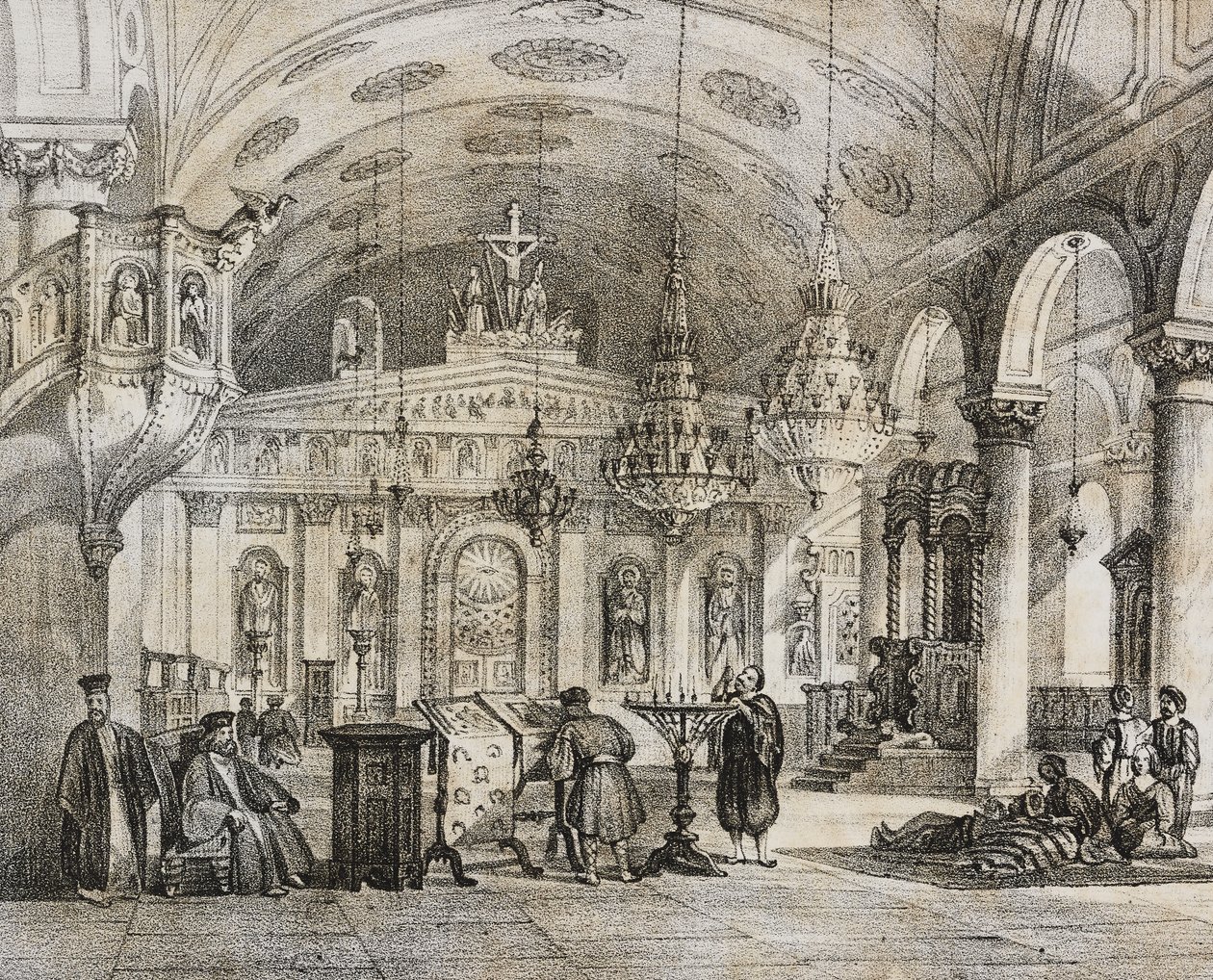 Interiér řeckého kostela Baloukli, poblíž Konstantinopole, Turecko, litografie od Salvatore Puglia z Poliorama Pittoresco, n 28, 15. února od Salvatore Puglia