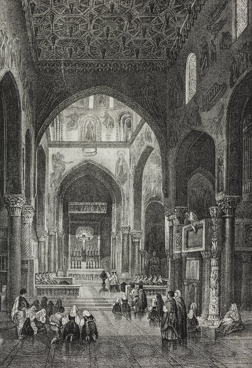 Interiér palatinské kaple v Palazzo dei Normanni nebo královského paláce v Palermu, Sicílie, Itálie, litografie Salvatore Puglia z Poliorama Pittoresco, n 41, 21. května od Salvatore Puglia