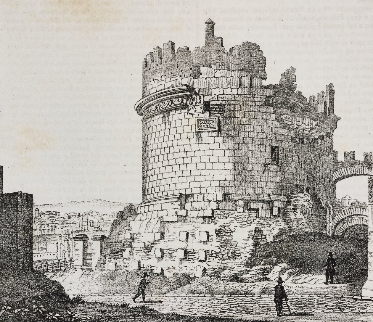 Mauzoleum Cecilie Metella na Via Appia, Řím, Lazio, Itálie, litografie Salvatore Puglia z Poliorama Pittoresco, n 20, 21. prosince od Salvatore Puglia