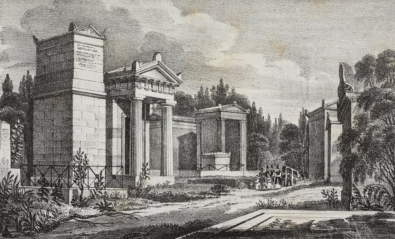 Hřbitov Pere-Lachaise, Paříž, Francie, litografie Salvatore Puglia z Poliorama Pittoresco, n 19, 17. prosince od Salvatore Puglia