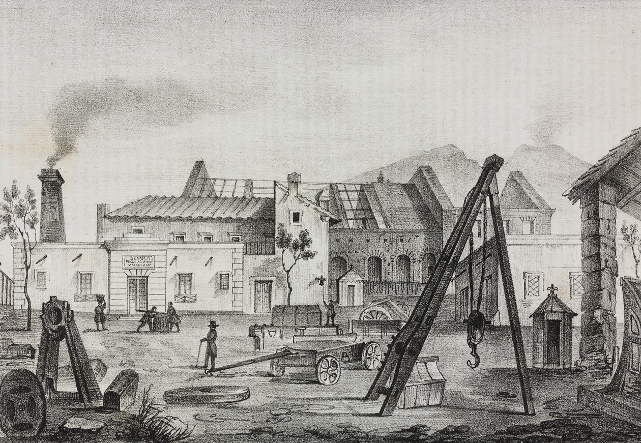 Reale Opificio mechanik (Royal Mechanical Factory) v Pietrarsa, Kampánie, Itálie, litografie Gaetano Riccio z Poliorama Pittoresco, n 39, 7. května od Salvatore Puglia