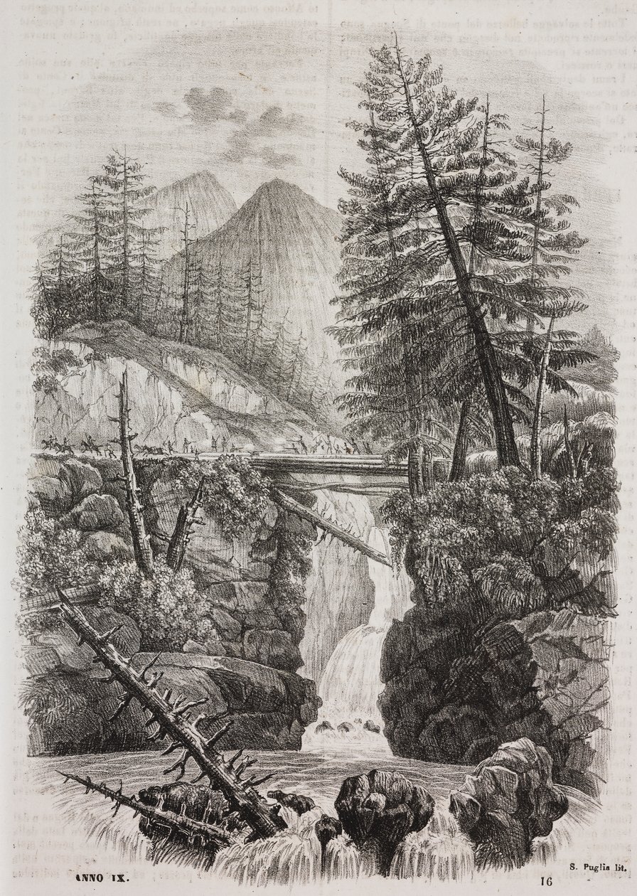 Visutý most přes pohoří Pyreneje, Španělsko, litografie Salvatore Puglia z Poliorama Pittoresco, č. 16, 23. listopadu od Salvatore Puglia