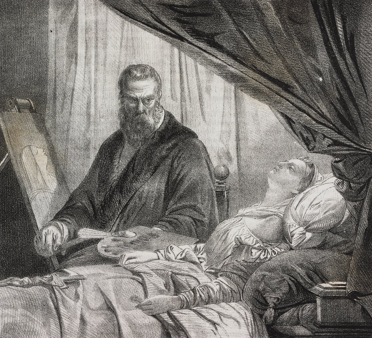 Tintoretto maluje svou mrtvou dceru, litografie od Salvatore Puglia z Poliorama Pittoresco, n 27, 10. února od Salvatore Puglia