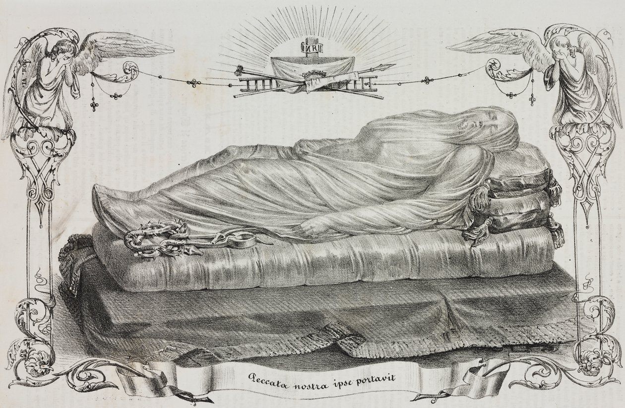 Zahalený Kristus od Giuseppe Sanmartino (cca 1720-1793), Cappella Sansevero, Neapol, Kampánie, Itálie, litografie Salvatore Puglia z Poliorama Pittoresco, n 33, 26. března od Salvatore Puglia