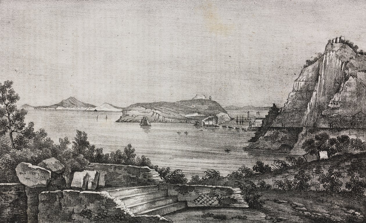 Pohled na Posillipo z terasy monsignora Di Pietra, Kampánie, Itálie, litografie Salvatore Puglia z Poliorama Pittoresco, n 32, 16. března od Salvatore Puglia