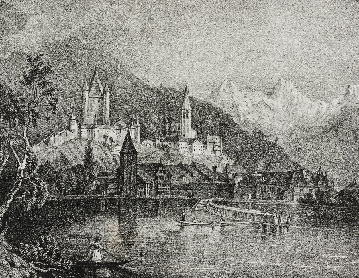 Pohled na Thun, kanton Bern, Švýcarsko, litografie Salvatore Puglia z Poliorama Pittoresco, n 35, 9. dubna od Salvatore Puglia