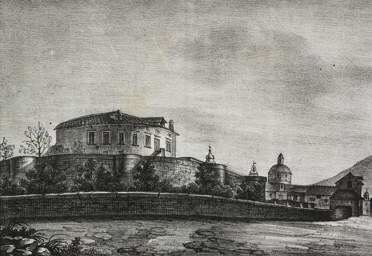 Pohled na hrad Acerra, Kampánie, Itálie, litografie Salvatore Puglia z Poliorama Pittoresco, n 30, 5. března od Salvatore Puglia