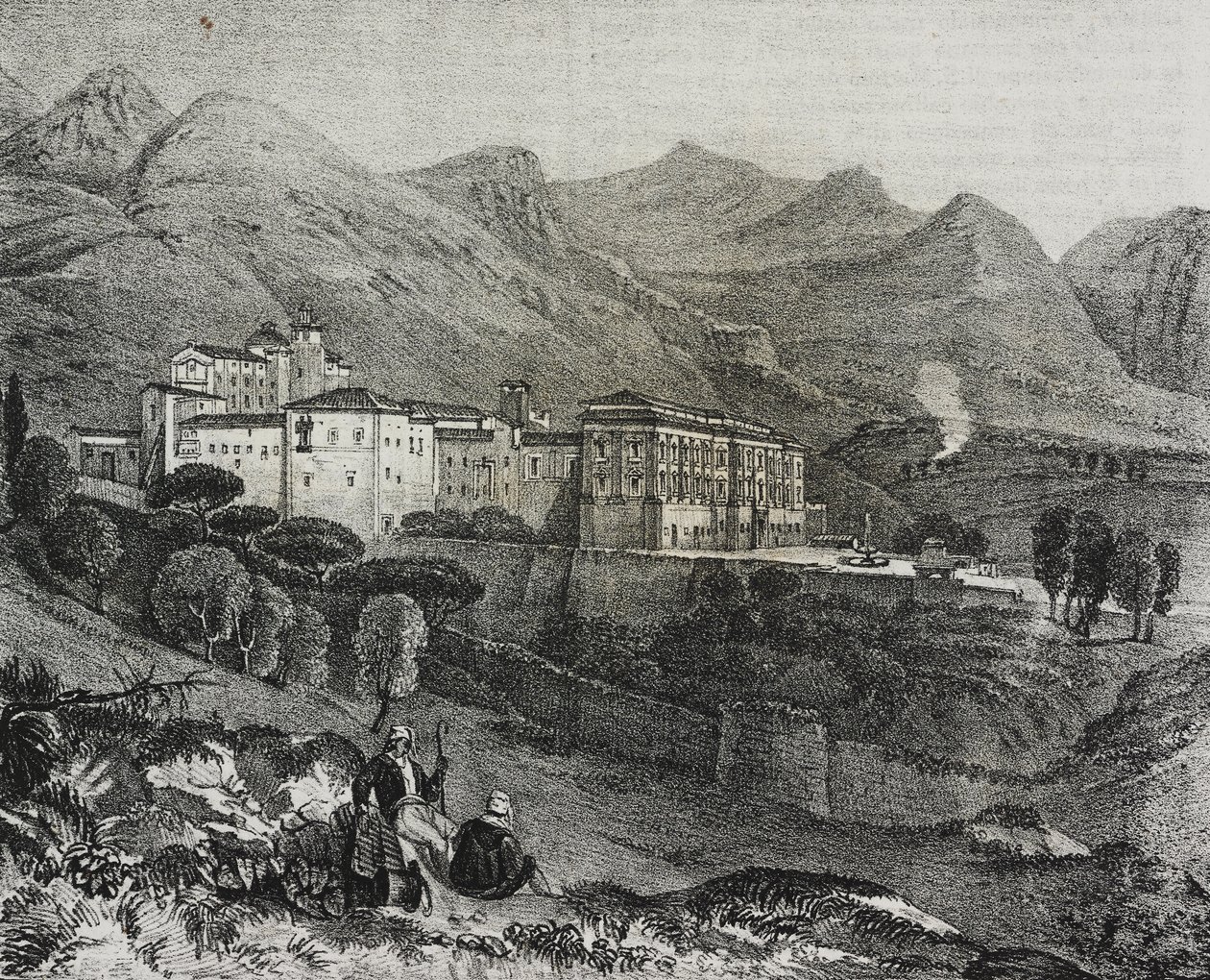 Pohled na klášter San Martino delle Scale poblíž Palerma, Sicílie, Itálie, litografie od Salvatore Puglia z Poliorama Pittoresco, n 47, 2. července od Salvatore Puglia