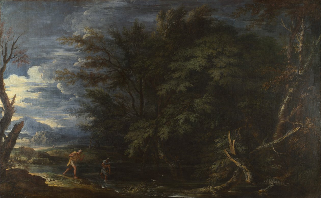 Krajina s Merkurem a nepoctivým Woodmanem, asi 1663. od Salvatore Rosa