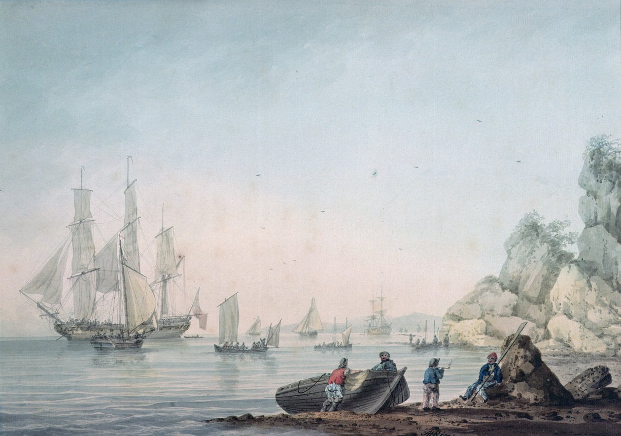 Marine View, s lodí a postavami na břehu od Samuel Atkins