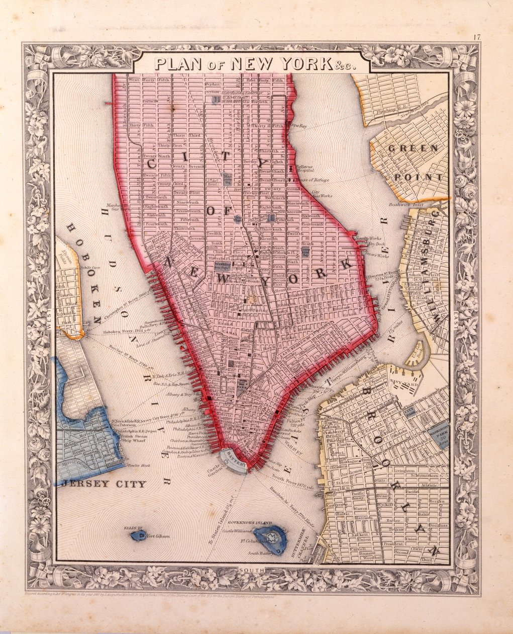 Plán New Yorku undc. [na Manhattanu, až na sever jako 46. ulice], 1860 (černý a barevný inkoust, s ručním kolorováním, na papíře) od Samuel Augustus Mitchell