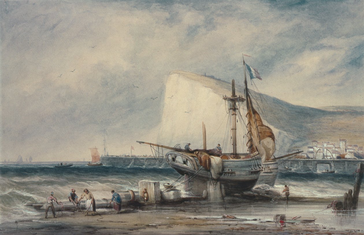 Shakespeares Cliff, Dover, s Luggers on the Beach (wc na papíře) od Samuel Austin