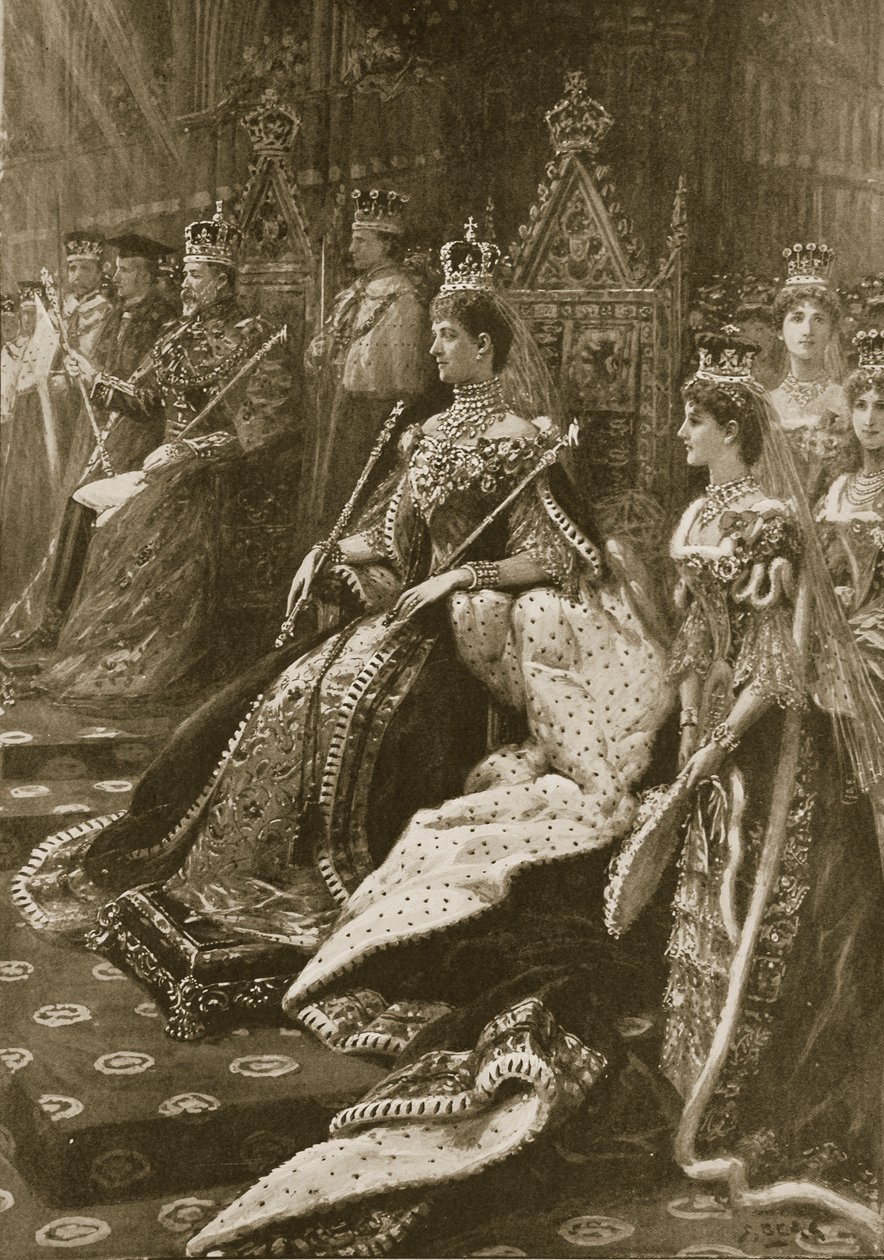 Korunovační obřad z roku 1902: Postavení Alexandry, královny manželky při její intronizaci, z „The Illustrated London News“, 1902 od Samuel Begg