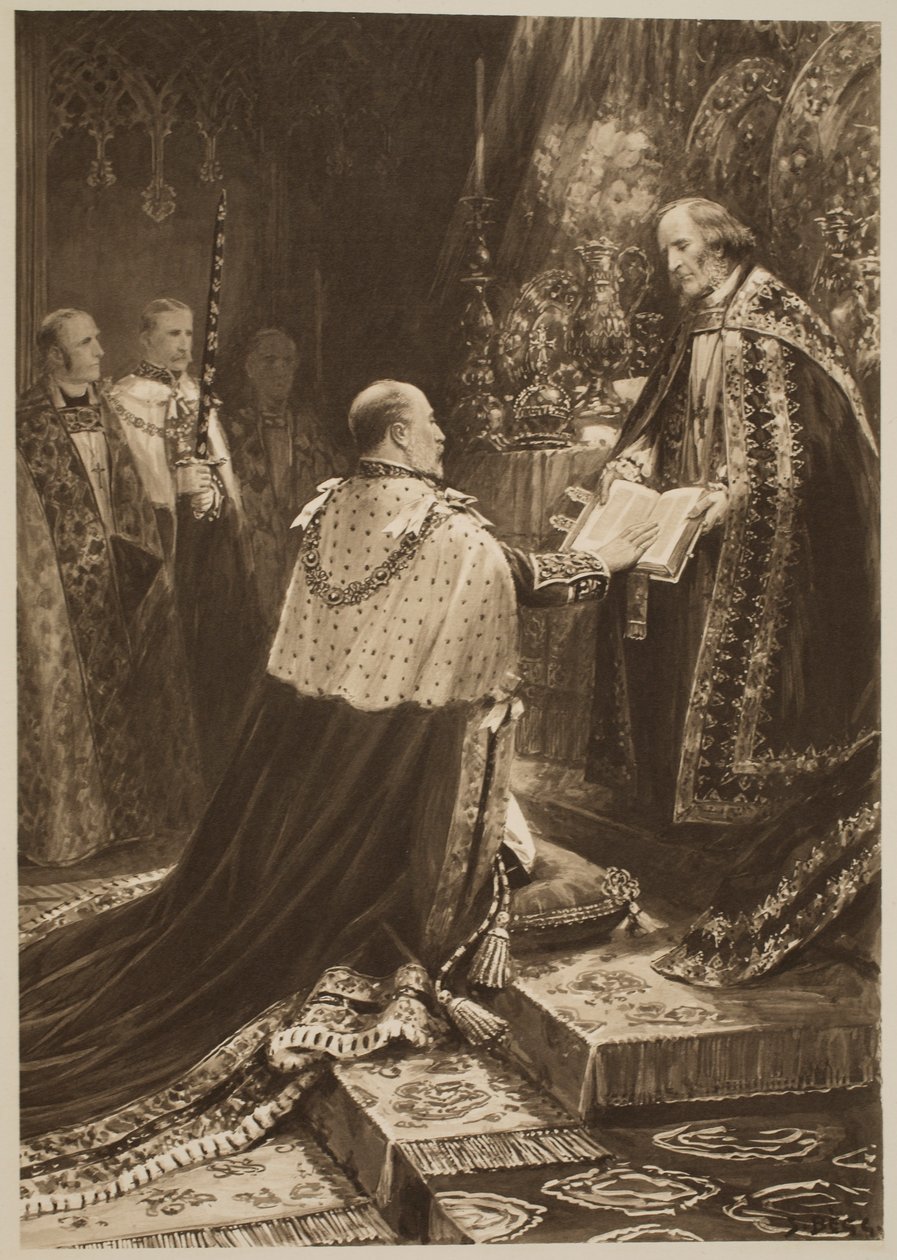 Korunovační ceremonie z roku 1902: Postavení krále Edwarda VII. při složení přísahy, z „The Illustrated London News“, 1902 od Samuel Begg