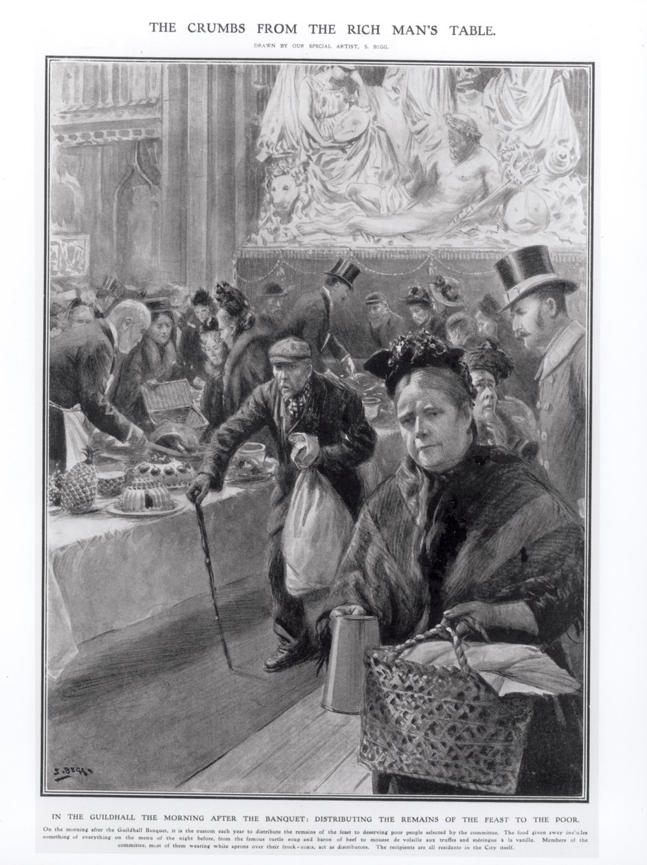 Drobky ze stolu boháčů: Rozdělení zbytků hostiny chudým v cechovní síni ráno po banketu, 1908 od Samuel Begg