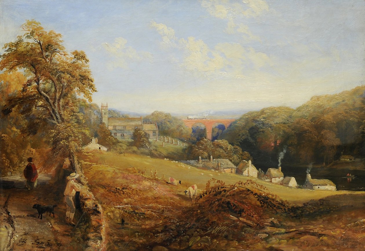 Wetheral – Pohled na řeku Eden s kostelem Wetheral a viaduktem a Corby Ferry, kolem roku 1845 od Samuel Bough
