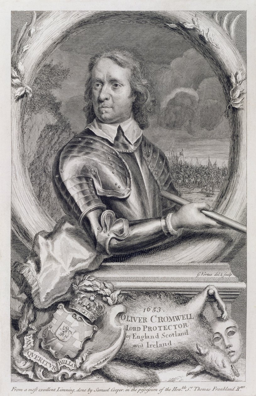 Oliver Cromwell (1599-1658), lord protektor Anglie, Skotska a Irska v roce 1653, vyryl George Vertue (1684-1756) od Samuel Cooper