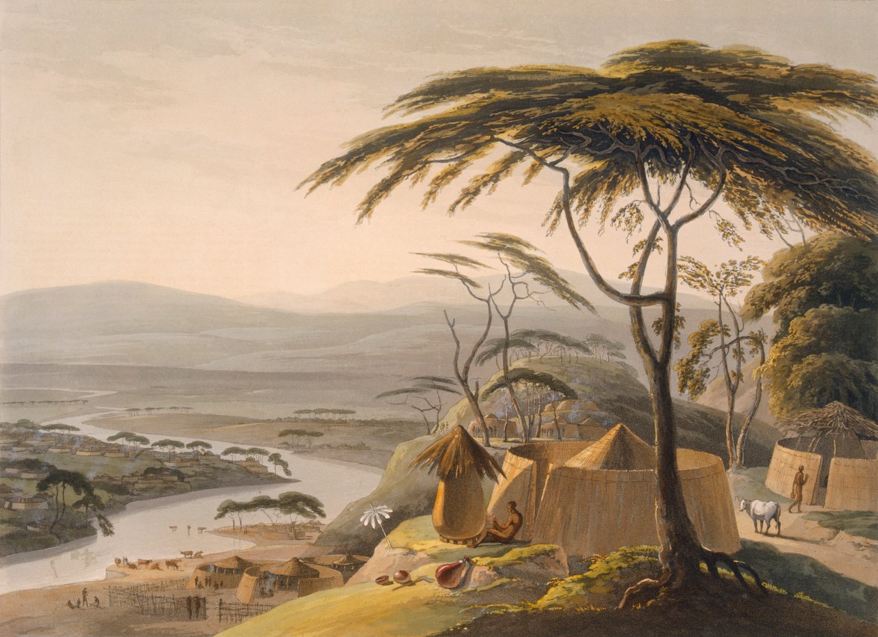 Město Leetakoo, 1804-05 (barevná akvatinta) od Samuel Daniell