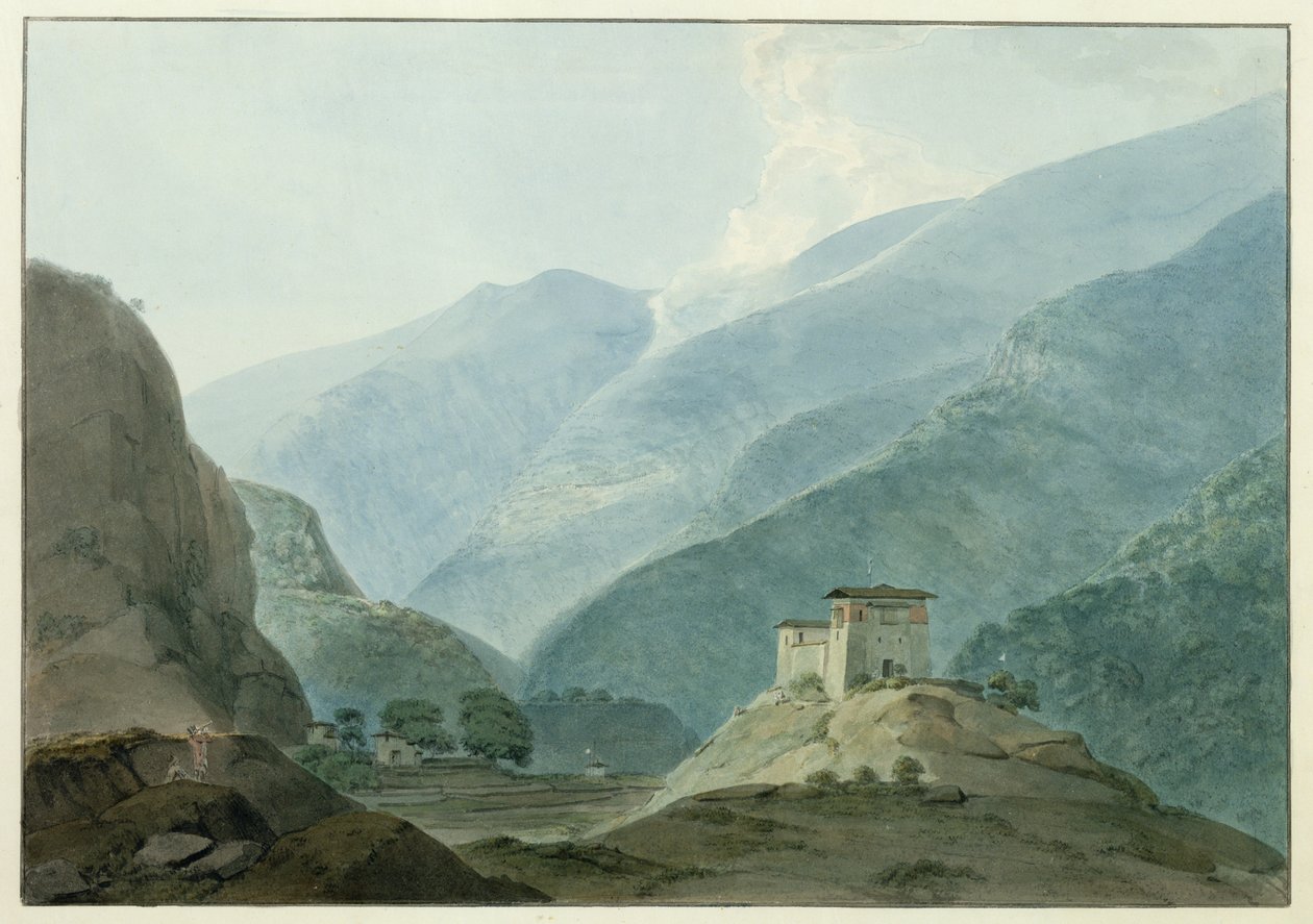Hrad Chukha v Bhútánu, 1783 (wc přes grafit na papíře) od Samuel Davis