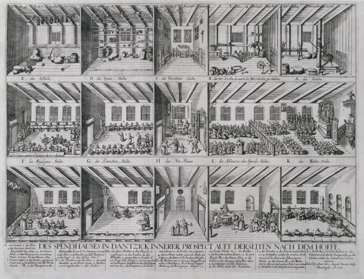 Útulek pro děti a seniory, 1707 (mědirytina na savý papír) od Samuel Donnet