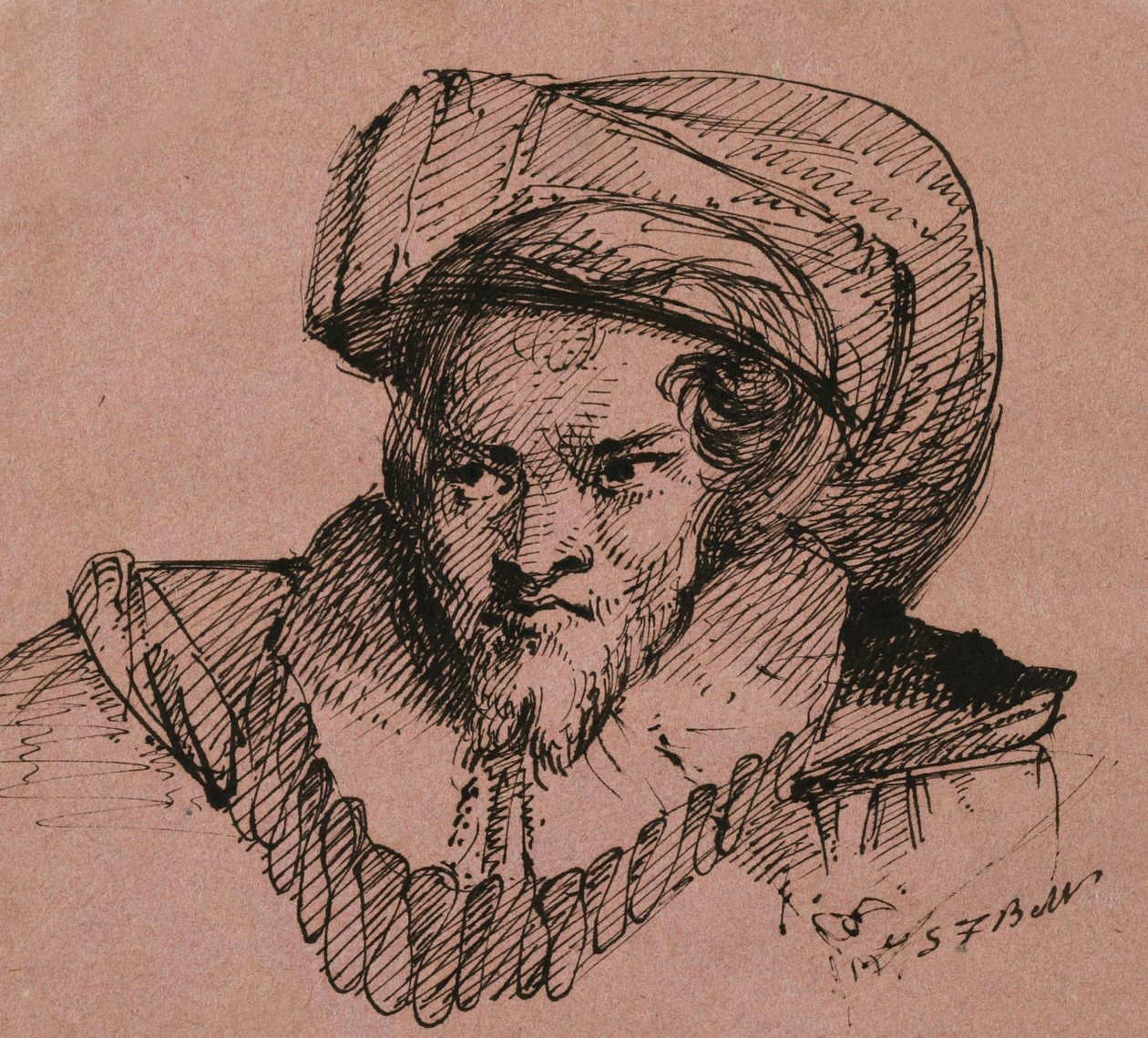 Hlava muže s opeřeným kloboukem, 1840 (pero a černý inkoust na růžovém tkaném papíře) od Samuel Finley Breese Morse