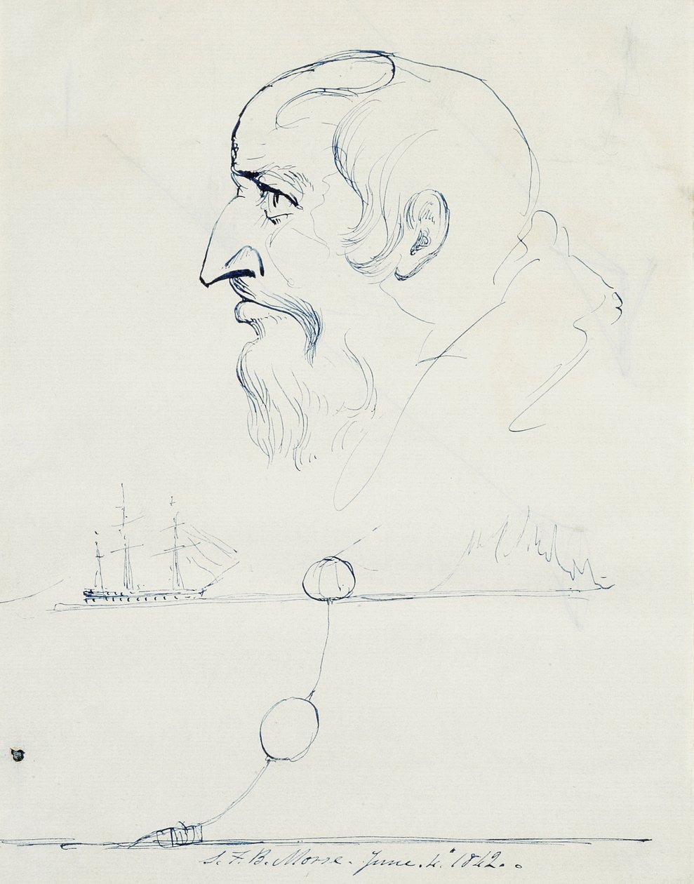 Profil vousatého muže a design pro Atlantský kabel, 1842 (pero a modrý inkoust na krémově potaženém papíře) od Samuel Finley Breese Morse