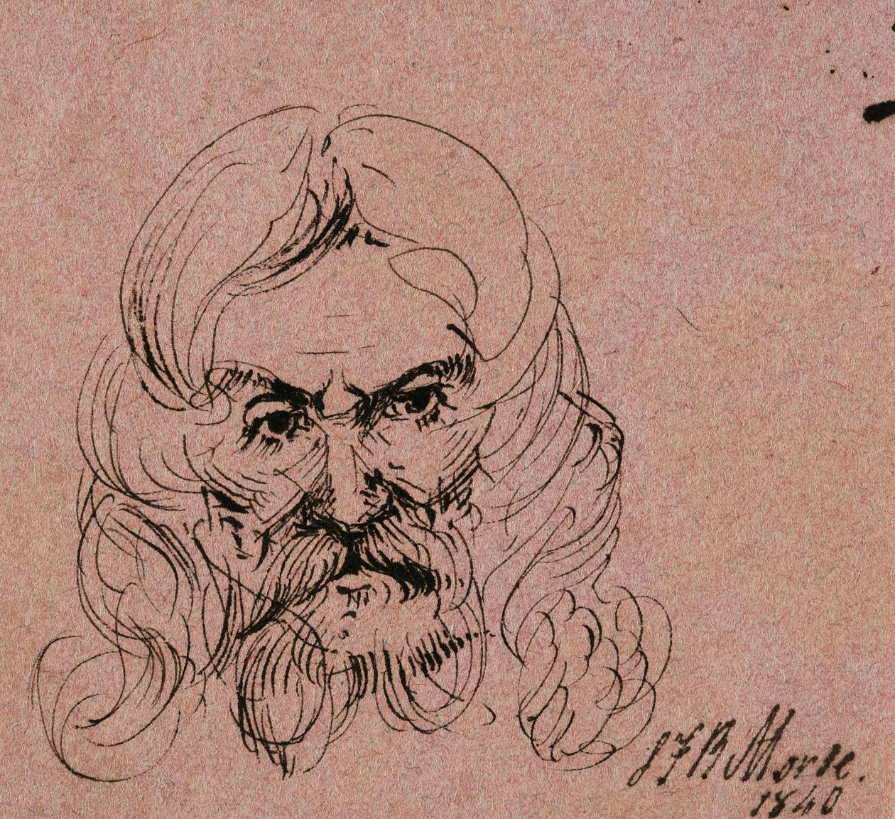 Náčrt hlavy vousatého muže s dlouhými vlasy, 1840 (pero a černý inkoust na růžovém tkaném papíře) od Samuel Finley Breese Morse