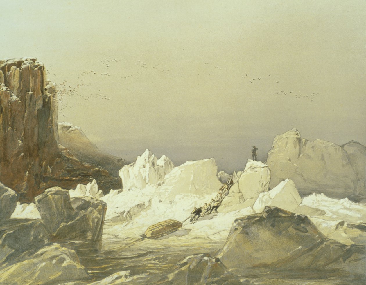 Sáňkování přes homolovitý led, duben 1853, vyryto Williamem Simpsonem, publikoval Ackermann und Co., 1854 od Samuel Gurney Cresswell