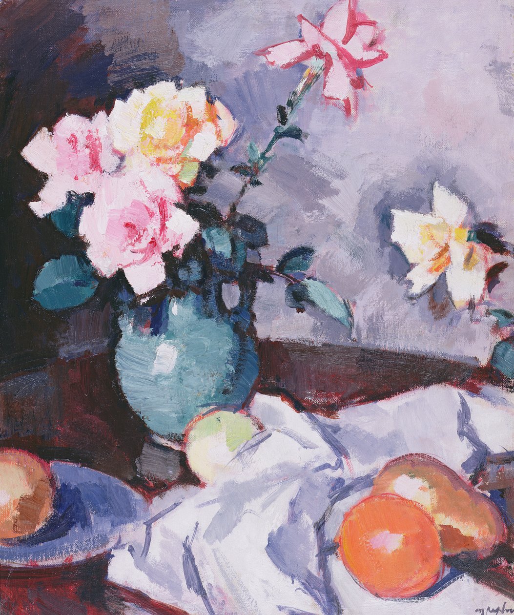 Růžové růže v zeleném džbánu, kolem roku 1926 od Samuel John Peploe