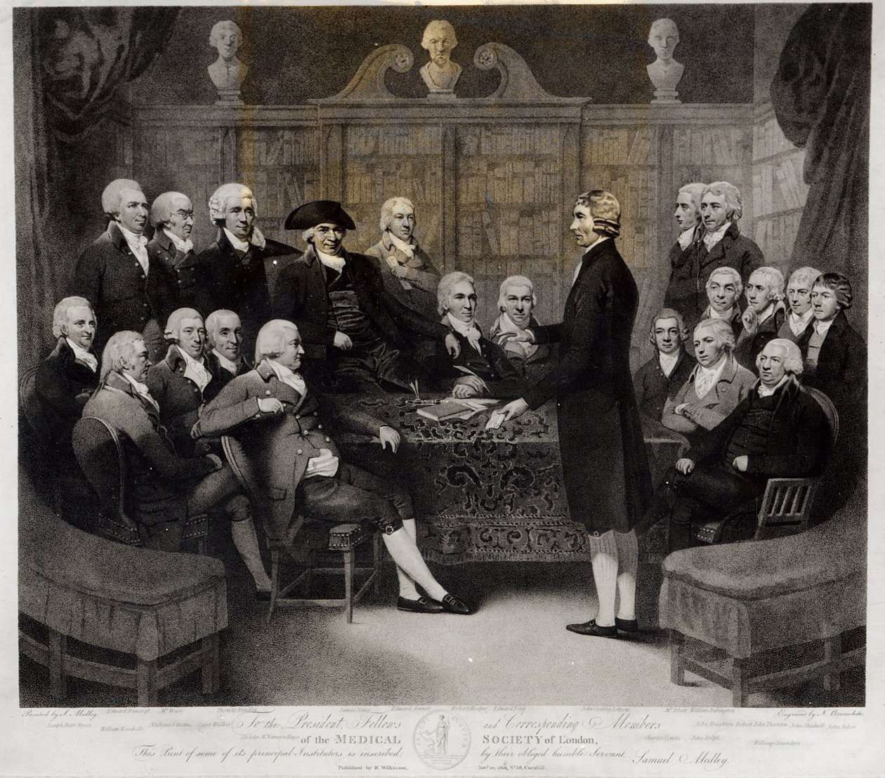 Skupinový portrét prezidenta, členů a členů korespondentů Lékařské společnosti v Londýně, vyrytý Nathanem Cooperem Branwhiteem (1775-1857), vydal R. Wilkinson, 1801 (černobílá fotografie od Samuel Medley