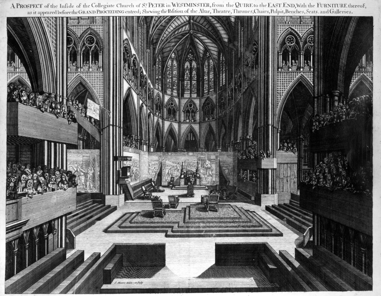 Vyhlídka vnitřku Kolegiátního kostela sv. Petra ve Westminsteru (Westminster Abbey) před korunovací Jakuba II. (1633-1701) 1688 od Samuel Moore