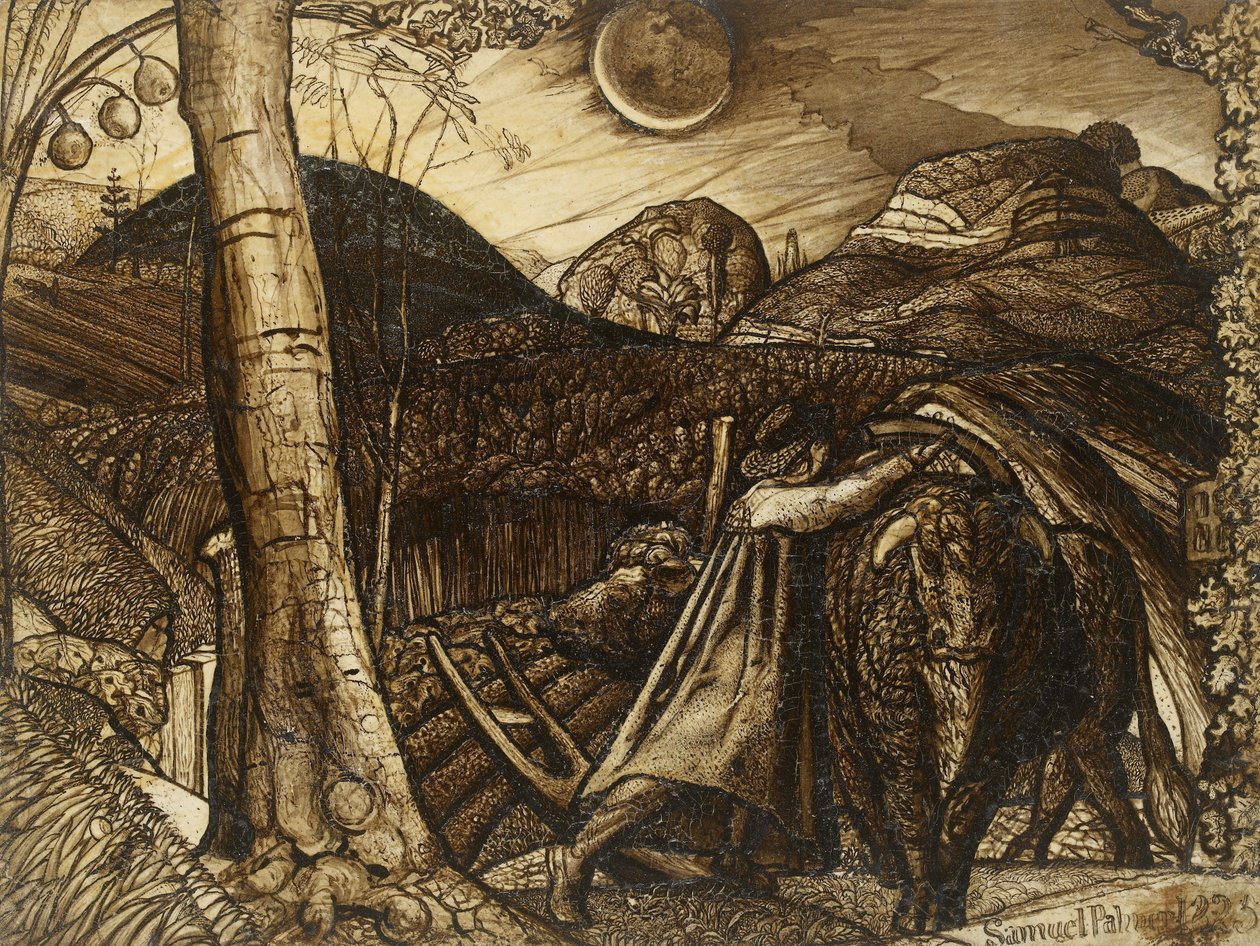 Venkovská scéna, 1823 (pero a štětec v sépiové barvě) od Samuel Palmer